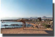 Helge koser seg under parasollen p� stranda.